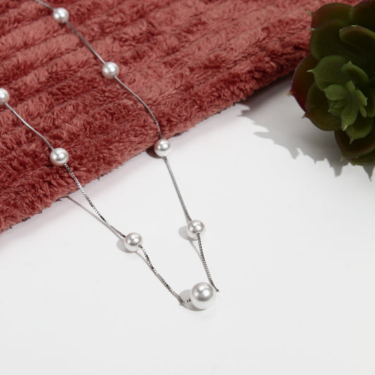 Classic Pearl Station Necklace – 925 Sterling Silver