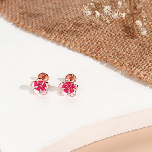 925 Sterling Silver Pink Enamel Flower Stud Earrings