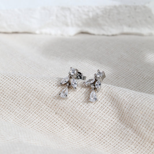 925 Sterling Silver CZ Floral Drop Stud Earrings