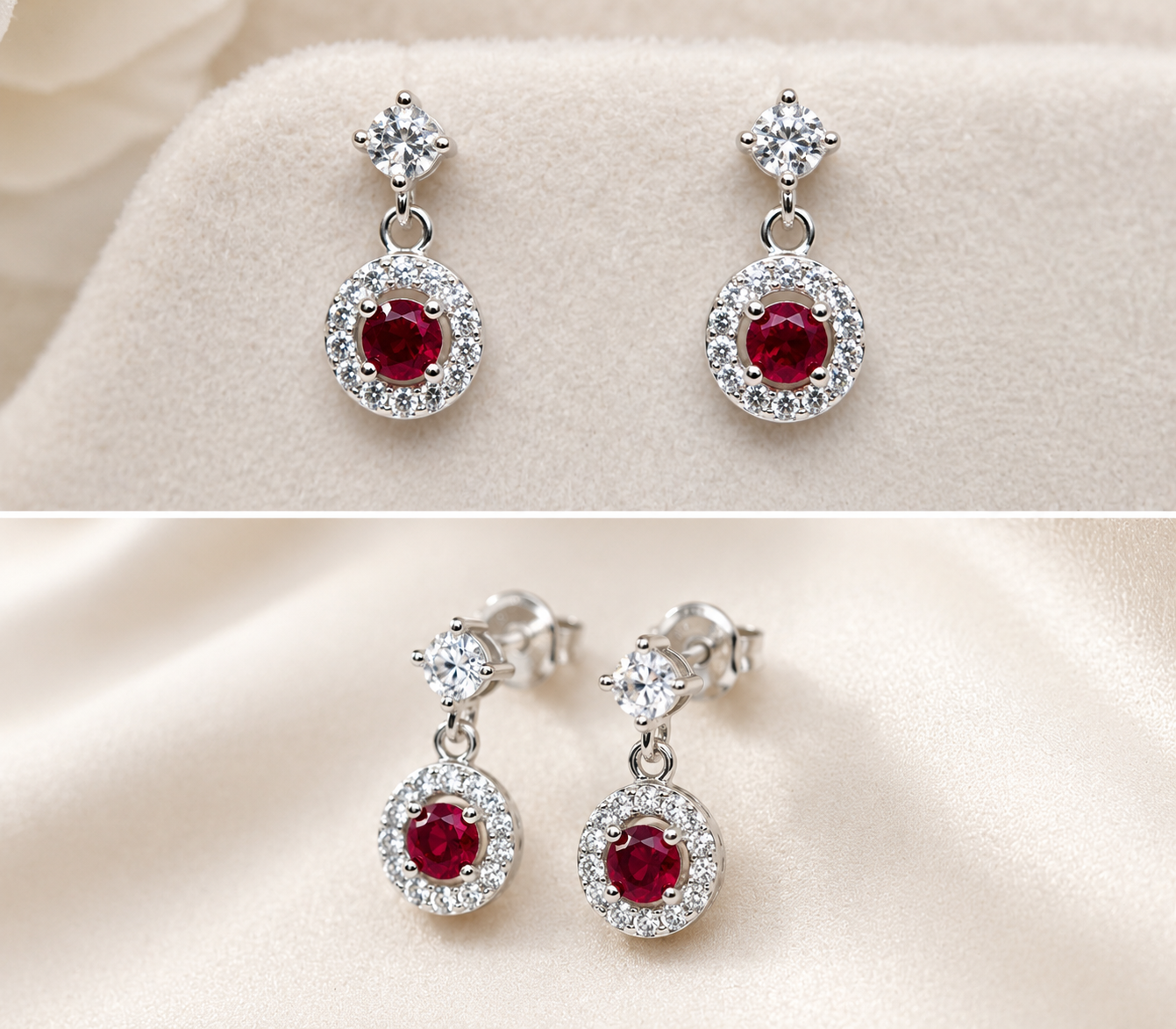 925 Sterling Silver Ruby Halo Drop Earrings