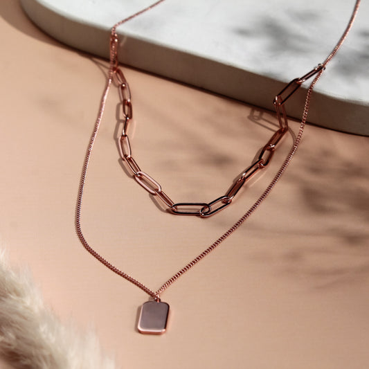 Layered Rectangle Pendant Necklace – 925 Sterling Silver Rose Gold Plated
