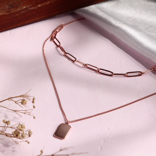 Layered Rectangle Pendant Necklace – 925 Sterling Silver Rose Gold Plated