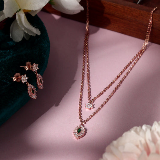 Emerald Halo Necklace & Earrings Set – 925 Sterling Silver