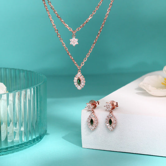 Emerald Halo Necklace & Earrings Set – 925 Sterling Silver