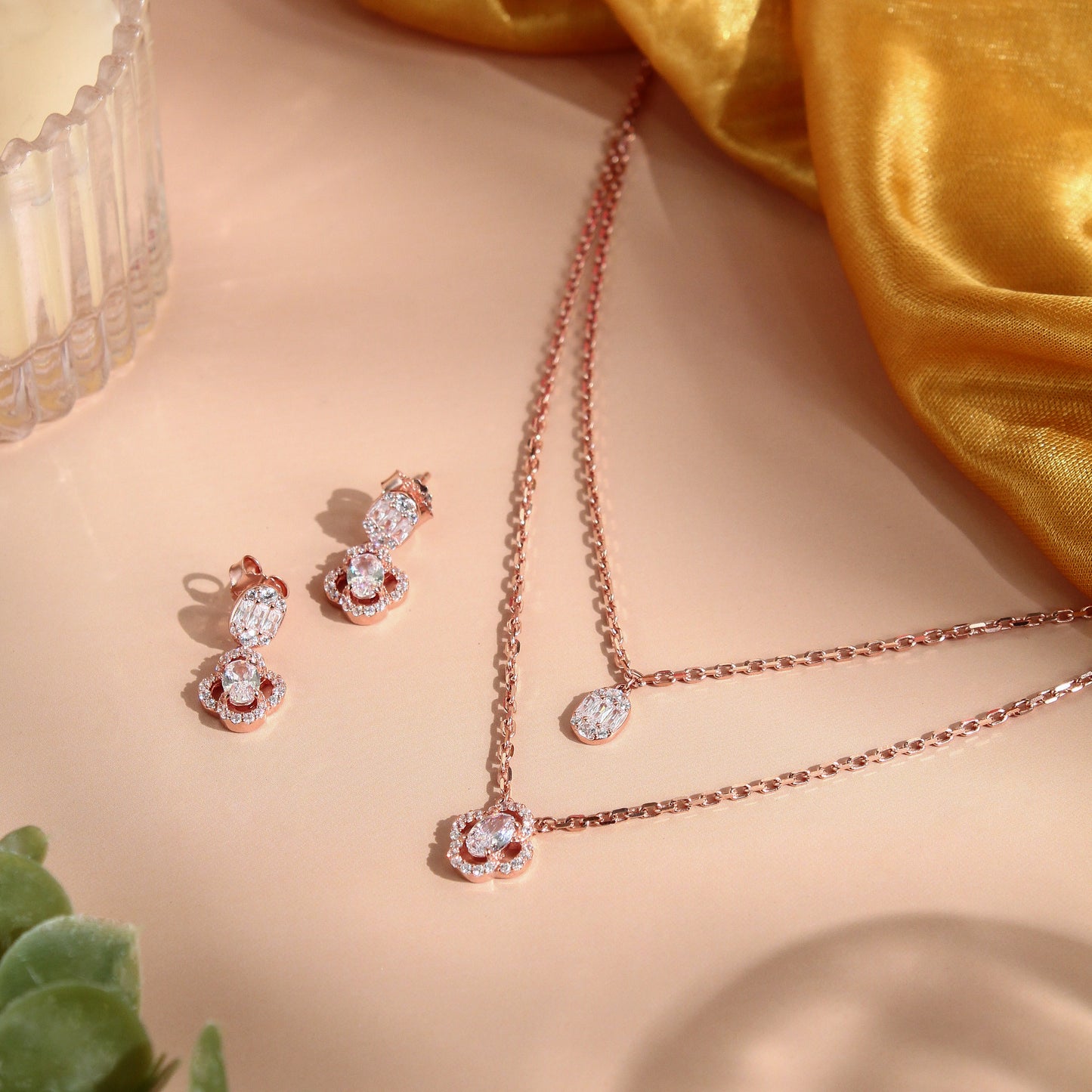 Floral Sparkle Layered Necklace &amp; Earrings Set – 925 Sterling Silver
