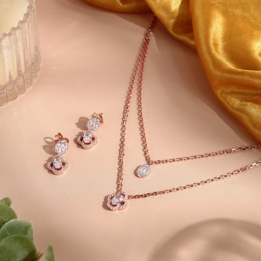 Floral Sparkle Layered Necklace &amp; Earrings Set – 925 Sterling Silver