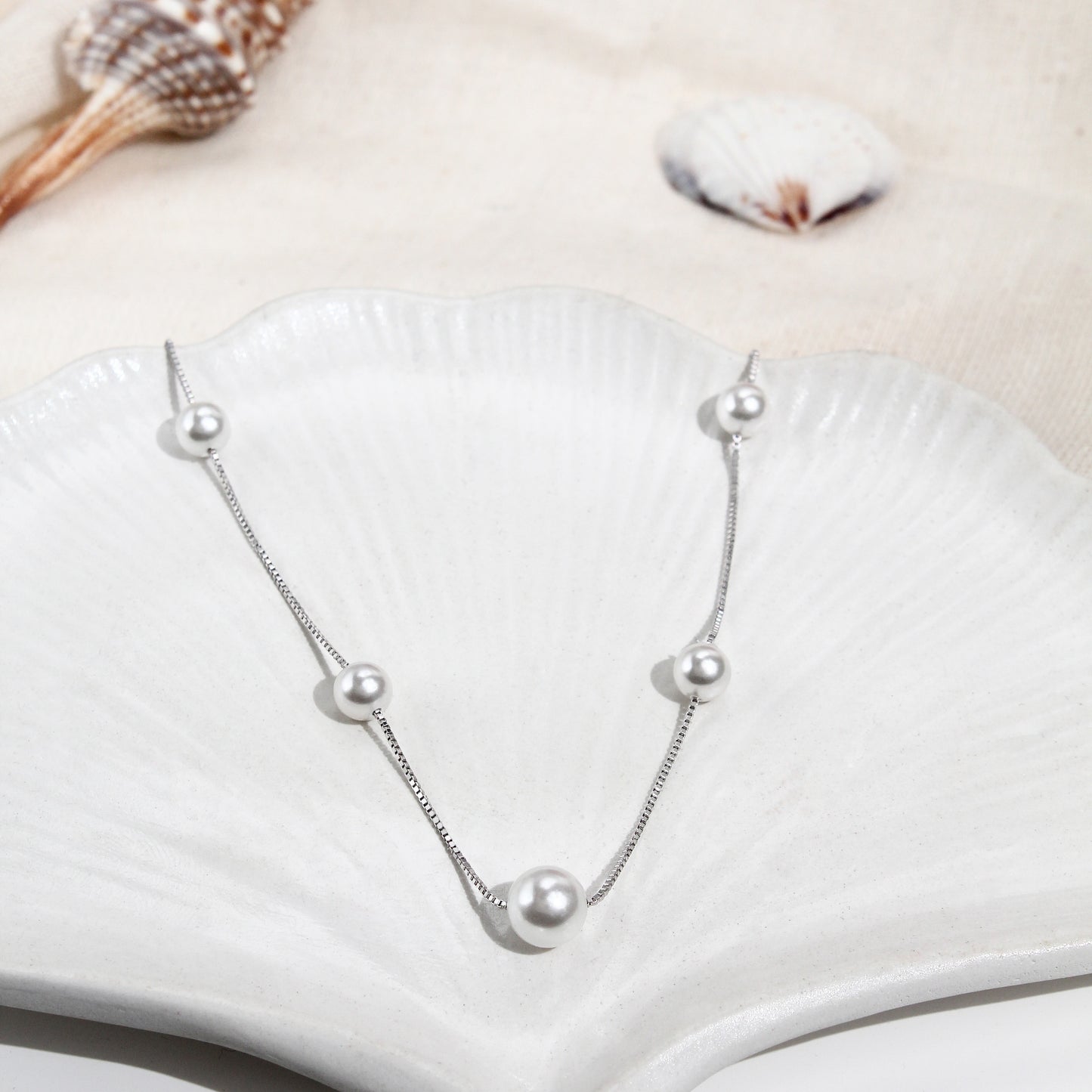 Classic Pearl Station Necklace – 925 Sterling Silver