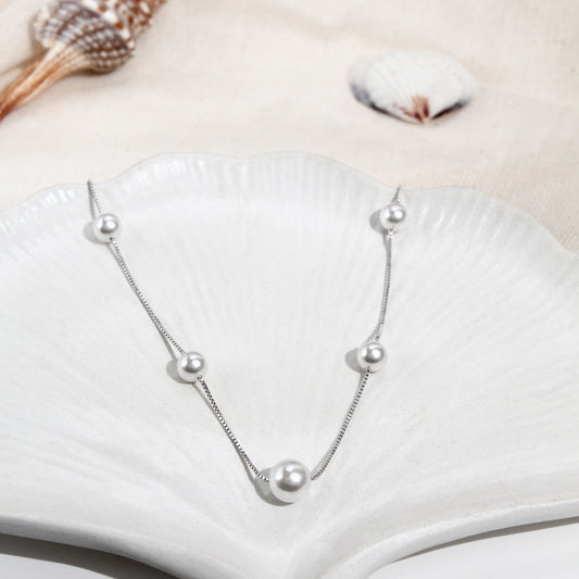 Classic Pearl Station Necklace – 925 Sterling Silver