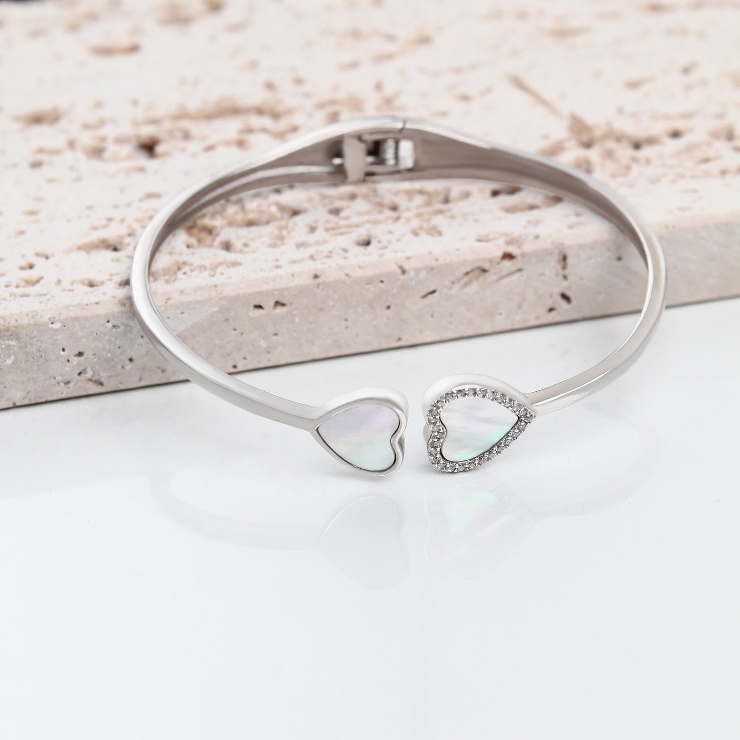 White Enamel Heart Bracelet – 925 Sterling Silver