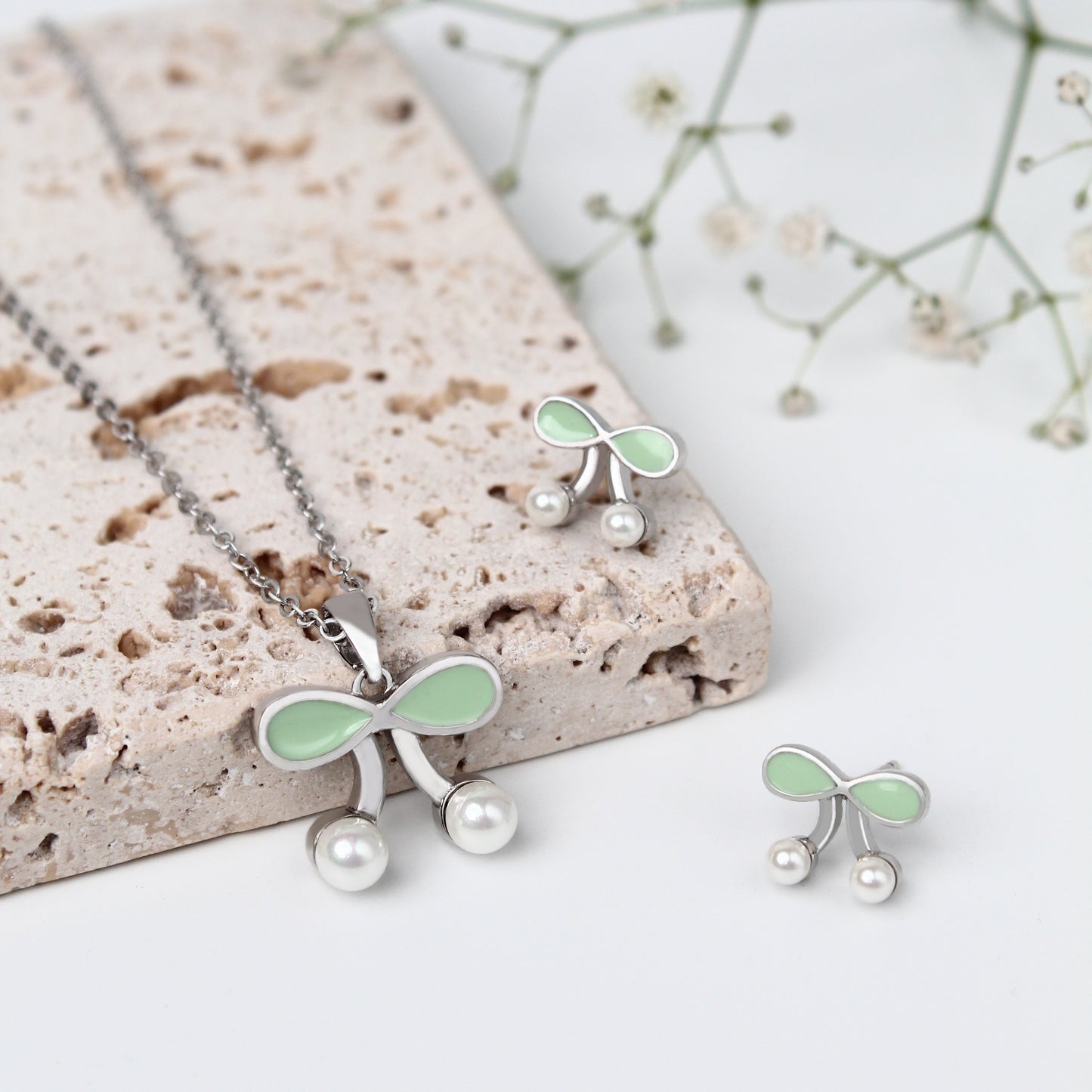 Cherry Pearl Necklace & Earrings Set – 925 Sterling Silver