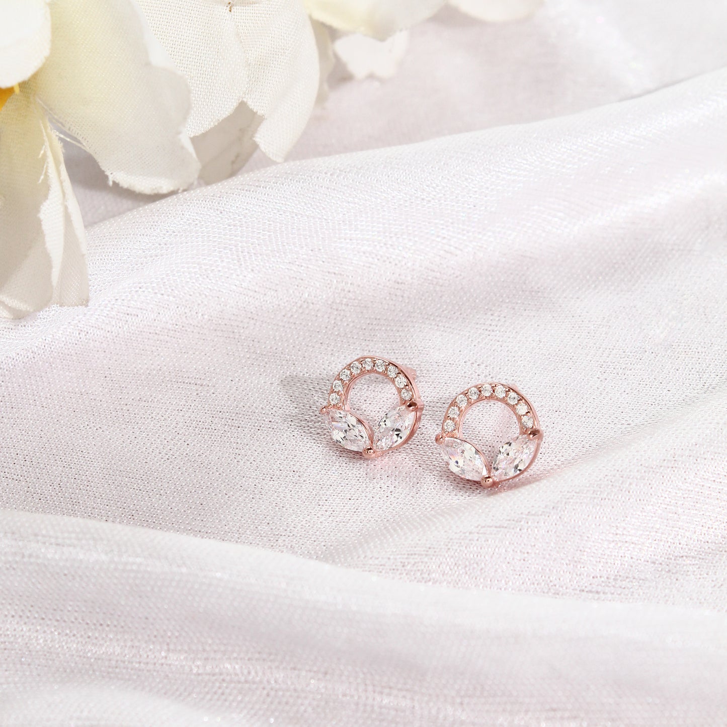 925 Sterling Silver Rose Gold Leaf Sparkle Stud Earrings