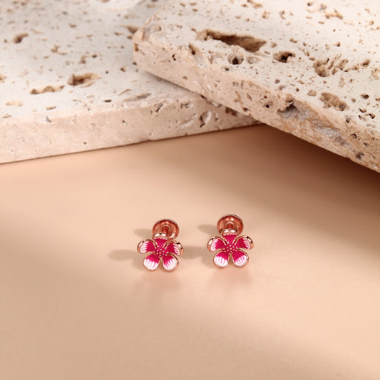 925 Sterling Silver Pink Enamel Flower Stud Earrings