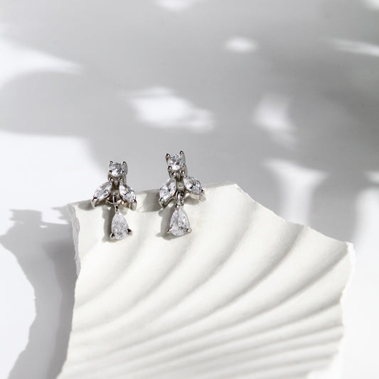 925 Sterling Silver CZ Floral Drop Stud Earrings