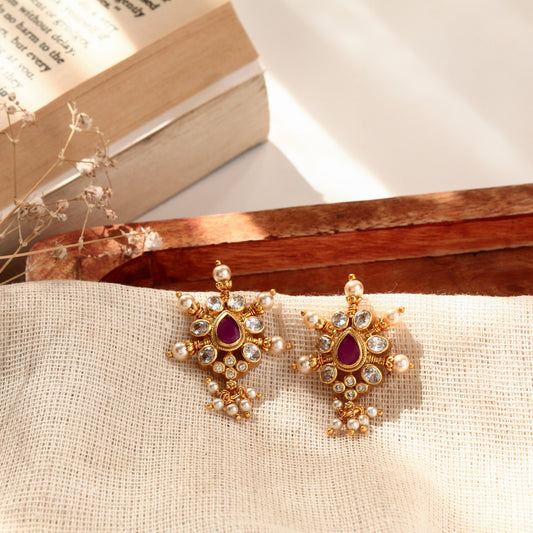 925 Sterling Silver Pearl & Ruby-Inspired Traditional Stud Earrings