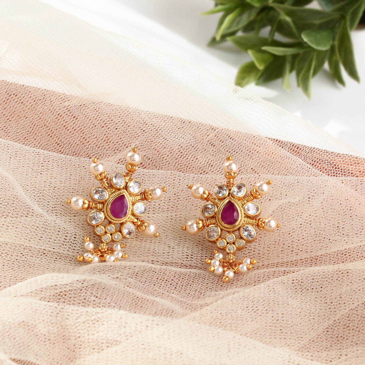 925 Sterling Silver Pearl & Ruby-Inspired Traditional Stud Earrings
