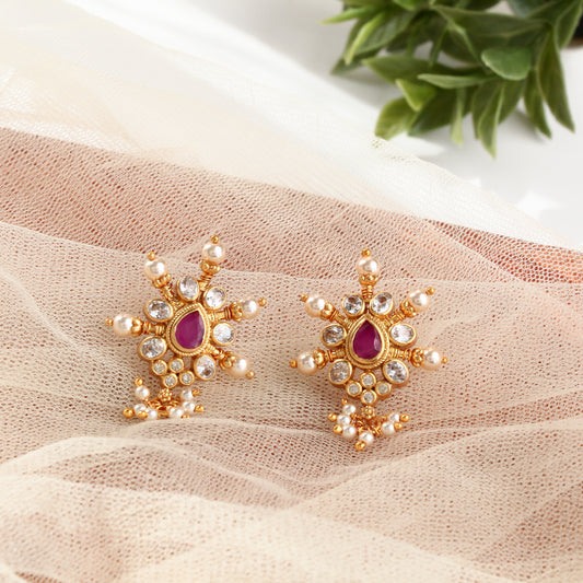 925 Sterling Silver Pearl & Ruby-Inspired Traditional Stud Earrings